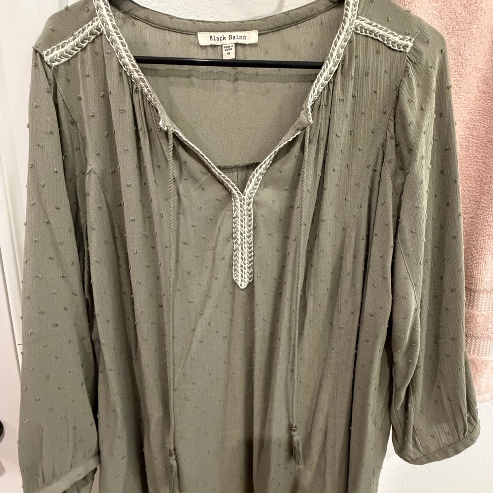Black Rainn Olive Textured Peasant Tunic with Braided Trim